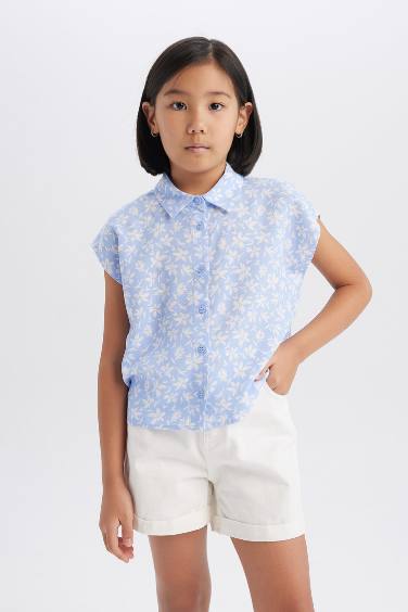 Girl Cotton Floral Short Sleeve Crop Shirt