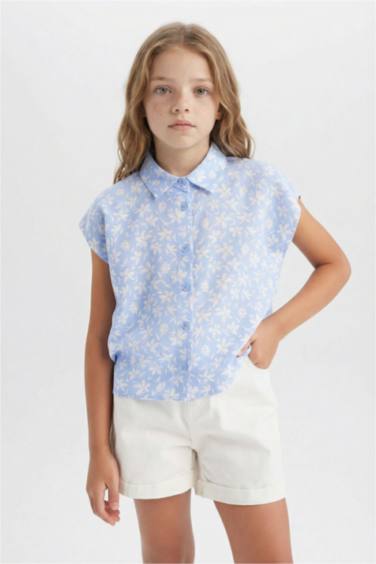 Girl Cotton Floral Short Sleeve Crop Shirt