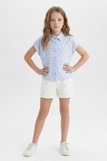 Girl Cotton Floral Short Sleeve Crop Shirt
