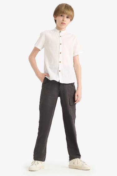 بنطرون ولادي من مزيج الكتان قصة عادية بجيب كارجو