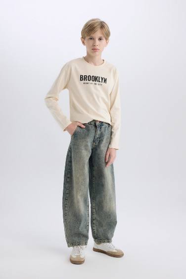 Erkek Çocuk Bisiklet Yaka Sırt Baskılı Uzun Kollu Tişört