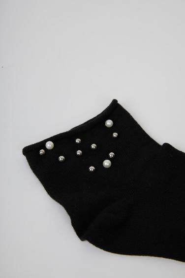 Kadın Dikişsiz İnci Boncuk Detaylı Penye Pamuklu Premium Soket Çorap