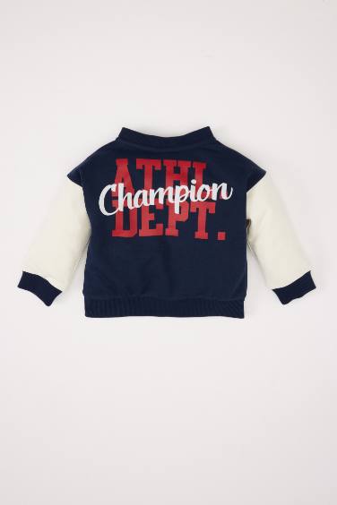Baby Boy College Collar Printed Buttoned Bomber Cardigan