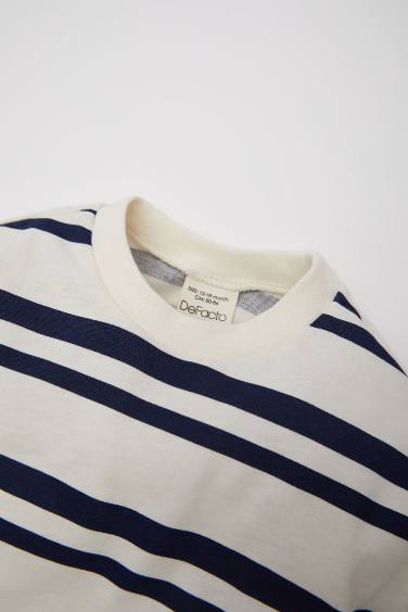 تيشيرت أولاد كم طويل مخطط قصة عادية برقبة مستديرة