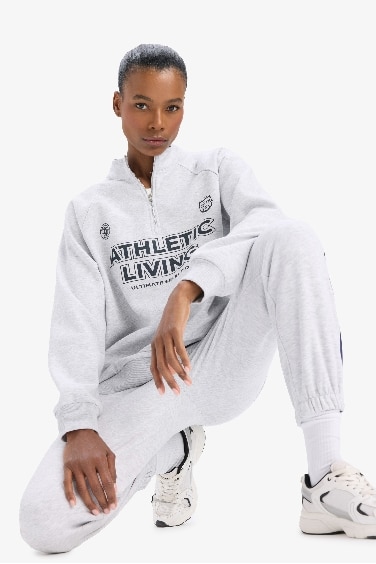 DeFactoFit Oversize Geniş Kalıp Dik Yaka Baskılı Sporcu Sweatshirt