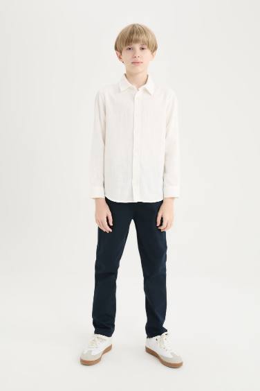 Boy Polo Collar Linen Look Long Sleeve Shirt