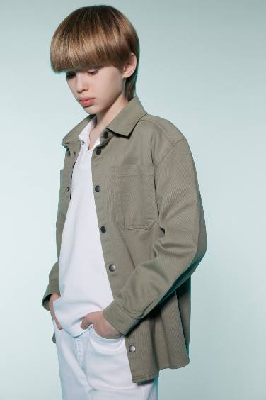 Boy Oversize Fit Polo Neck Twill Long Sleeve Shirt