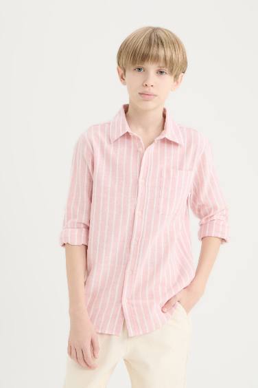 Boy Regular Fit Polo Collar Striped Linen Blend Shirt