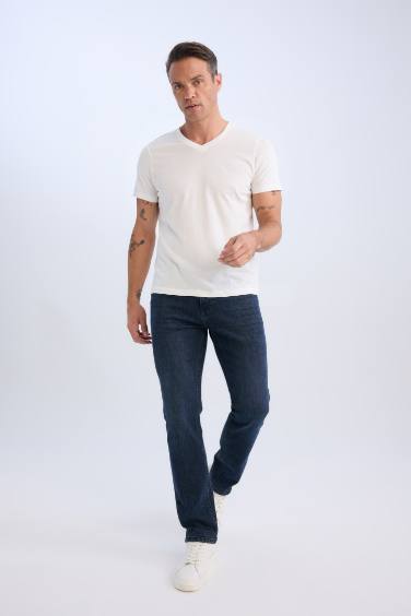 %100 Pamuk Regular Fit V Yaka Pamuklu Basic Düz Kısa Kollu Tişört