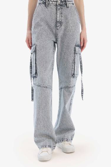 Wide Leg Cargo High Waist Straight Leg Long Washed Jeans