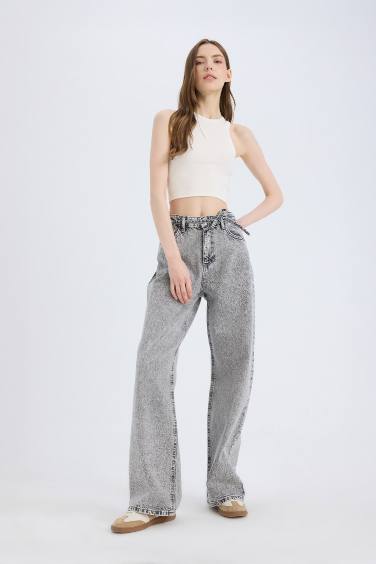 بنطرون برجل واسع وايد ليج وخصر عالي