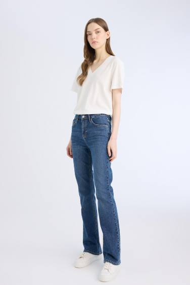 Yüksek Bel Geniş Paça Cepli Jean Pantolon