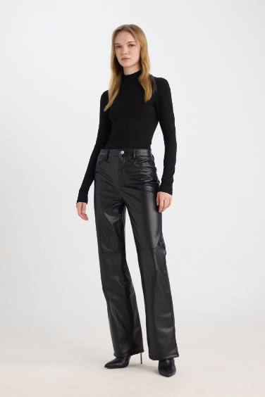 Straight Fit Faux Leather Trousers