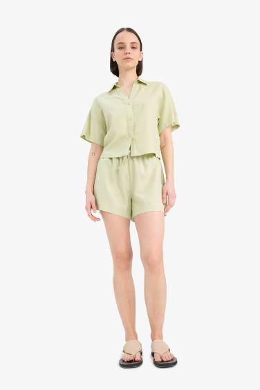 Regular Fit Linen Blended Normal Waist Short Leg Shorts