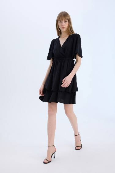 Wrap Collar Butterfly Sleeves Mini Dress