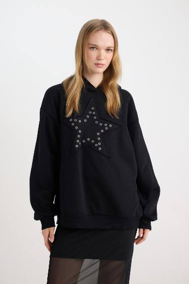 Black Oversize Fit Pattern Starry Thick Sweatshirt