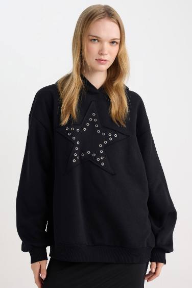 Black Oversize Fit Pattern Starry Thick Sweatshirt