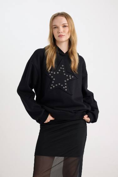 Coool Oversize Geniş Kalıp Yıldızlı Kalın Siyah Sweatshirt