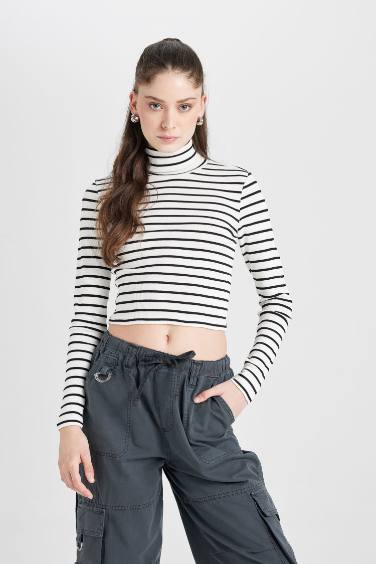 Fitted Striped Corduroy Turtleneck T-Shirt