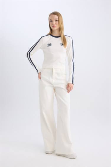 Fitted Body Fitting Printed Ribbed Long Sleeve T-Shirt