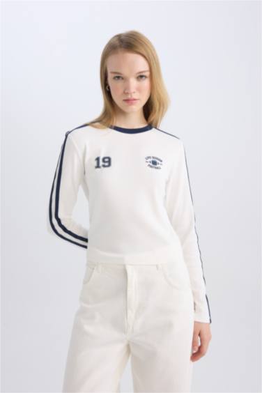 Fitted Body Fitting Printed Ribbed Long Sleeve T-Shirt