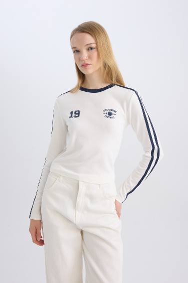 Fitted Body Fitting Printed Ribbed Long Sleeve T-Shirt