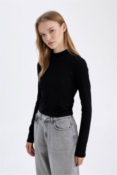 Fitted Half Turtleneck Modal Basic Long Sleeve Black T-Shirt