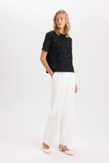 Wide Leg Dokuma Pantolon Geniş Bol Paça Pensli Cepli Yüksek Bel Basic Düz Uzun Boy