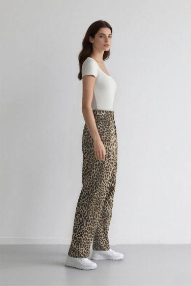 Baggy Fit Leopar Desenli Yüksek Bel Standart Boy Gabardin Pantolon