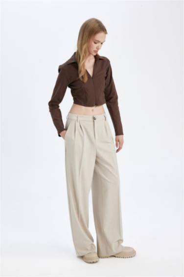 Klasik Kumaş Pantolon Wide Leg Geniş Bol Paça Fleto Cepli Yüksek Bel Standart Boy Basic Düz