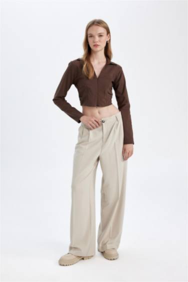 Klasik Kumaş Pantolon Wide Leg Geniş Bol Paça Fleto Cepli Yüksek Bel Standart Boy Basic Düz