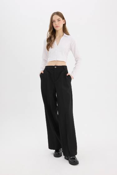 Wide Leg Fleto Pocket High Waist Standard Basic Classic Trousers