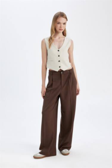 Klasik Kumaş Pantolon Wide Leg Geniş Bol Paça Fleto Cepli Yüksek Bel Standart Boy Basic Düz