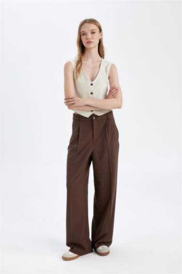 Klasik Kumaş Pantolon Wide Leg Geniş Bol Paça Fleto Cepli Yüksek Bel Standart Boy Basic Düz