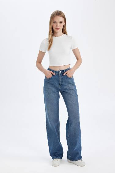 Straıght Wıde Yüksek Bel Uzun Jean Yıkamalı Pantolon