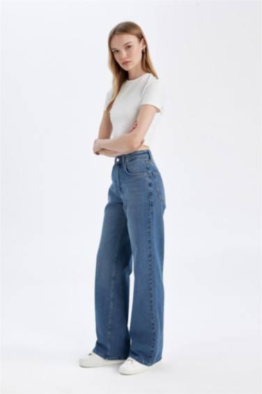 Straıght Wıde Yüksek Bel Uzun Jean Yıkamalı Pantolon