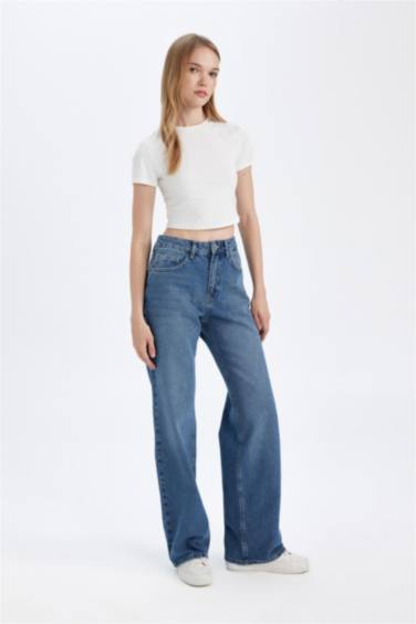 Straıght Wıde Yüksek Bel Uzun Jean Yıkamalı Pantolon