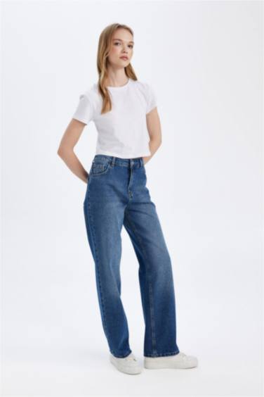 90's Wide Leg Yüksek Bel Uzun Jean Yıkamalı Pantolon