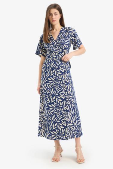 Макси-платье с коротким рукавом, с запахом и цветочным рисунком, из льняной смеси