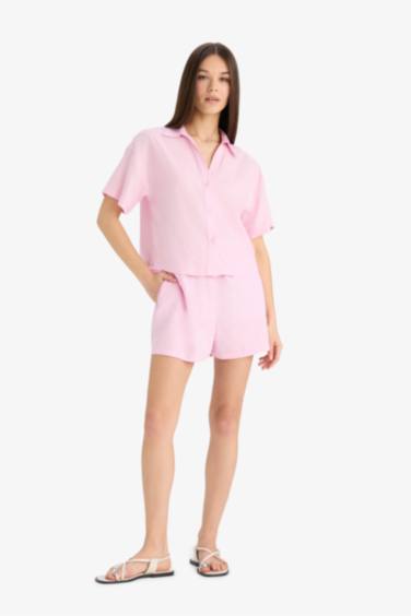 Linen Blended Normal Waist Short Leg Shorts