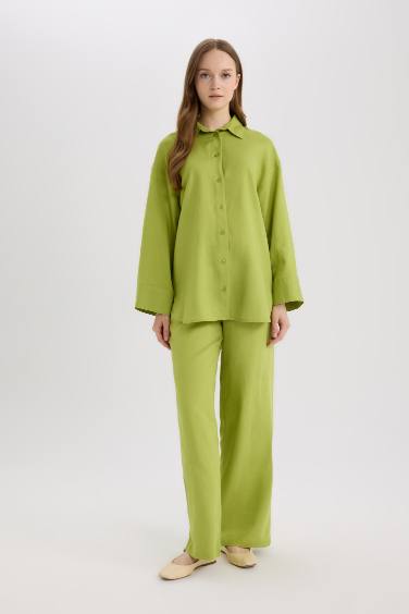 تونيك قصة مريحة كم طويل من مزيج الكتان