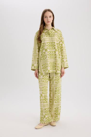 Wide Leg Printed Linen Blend Trousers
