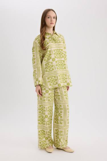 Wide Leg Printed Linen Blend Trousers
