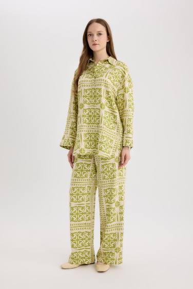 Wide Leg Printed Linen Blend Trousers