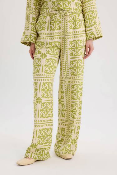 Wide Leg Printed Linen Blend Trousers