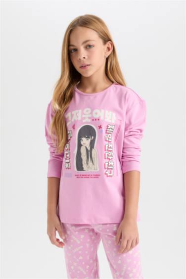 Pijama Takımı Baskılı Uzun Kollu Üst Uzun Alt Kız Çocuk