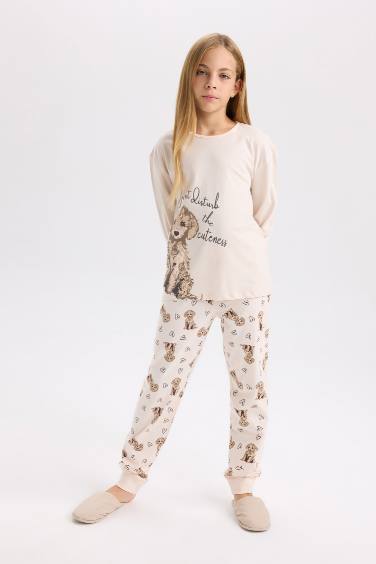 Kız Çocuk Pijama Takımı Köpek Baskılı Uzun Kollu Üst Uzun Alt
