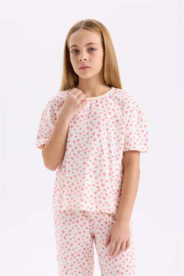 Pijama Takımı Kalp Desenli Kısa Kollu Üst Uzun Alt Kız Çocuk
