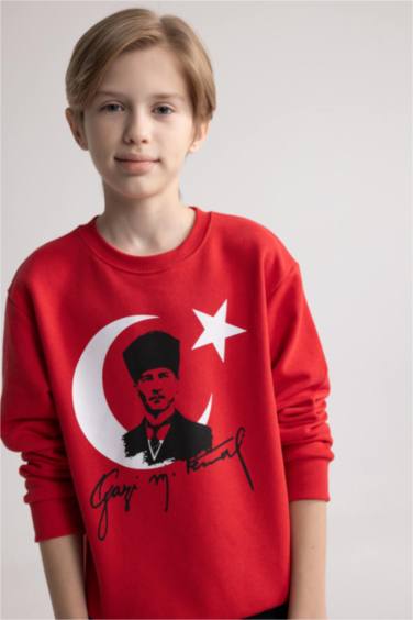 Erkek Çocuk Bisiklet Yaka Atatürk Baskılı Kırmızı Sweatshirt