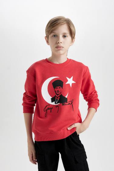 Erkek Çocuk Bisiklet Yaka Atatürk Baskılı Kırmızı Sweatshirt